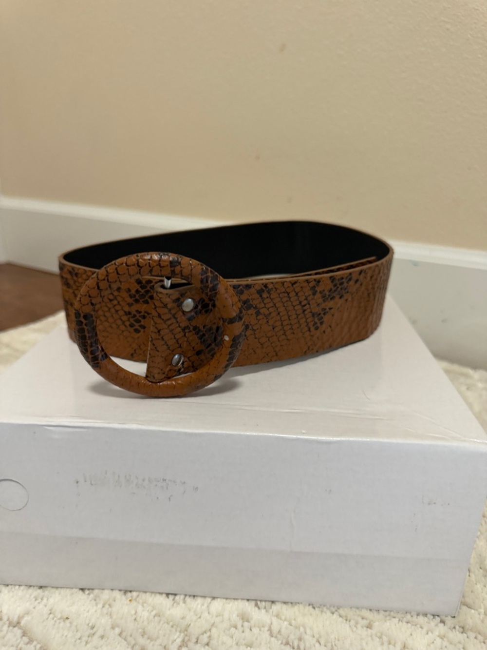 Wide Brown Snakeskin-Textured Waist Belt